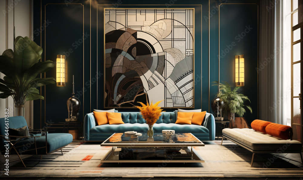 Art deco style interior design of modern living room with sofa against ...