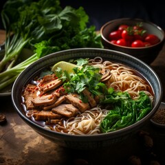 Thai noodle soup in a Thai bowl Nam Tok.