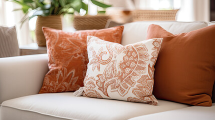 Close up of fabric sofa with white and terra cotta pillows. French country home interior design of modern living room.