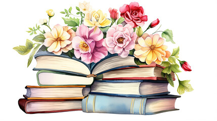 international literacy day watercolor illustration. Watercolor card with color books and flowers on white background