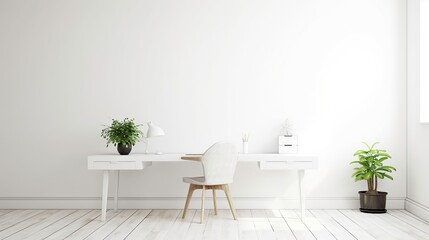 free photos White stylish workplace in home office area with wooden chairs and table. Generative AI