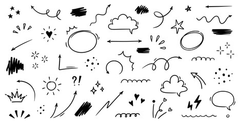 Wall Mural - Sketch line cute star element, arrow, heart shape. Hand drawn doodle sketch style circle, cloud speech bubble grunge element set. Arrow, star sparkle, heart brush decoration. Vector illustration