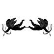 Symmetrical design with two flying Cupids or Amurs with bows and arrows. Winged baby god of love Eros. Romantic symbol, Saint Valentine Day motif. Black and white silhouette. 