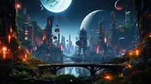 Stars, Planets, Fantasy Landscapes Of The Future. Futuristic Space Sci-fi Abstract Background Sci-fi Landscape With Planets, Neon Lights, Cool Planets, 3D Render.