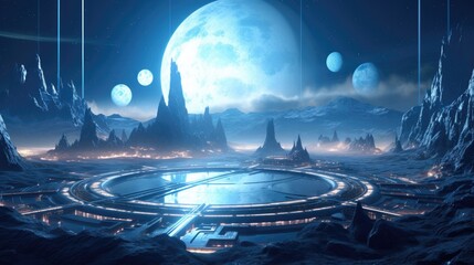 Stars, planets, fantasy landscapes of the future. Futuristic space sci-fi abstract background Sci-fi landscape with planets, neon lights, cool planets, 3D render.