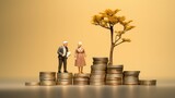 Fototapeta  - plastic model senior married couple standing on a stack of coins. concept to show retirement and retirement savings. generative AI