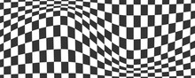 Checkerboard Wavy Pattern. Abstract Chess Square Print. Black And White Psychedelic Optical Illusion. Warped Flag With Geometric Graphic. Y2k Design For Banner