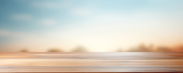 Poster - Empty wooden table over blurred sunset sky background, product display montage. High quality photo