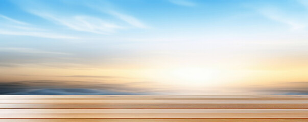 Poster - Wooden table top with blue sky, cloud and sunlight background. High quality photo