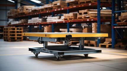 Fototapete - A small and a medium sized hydraulic lift table being used in a warehouse.