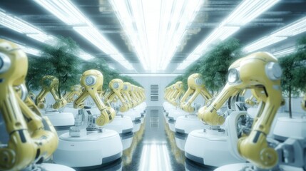 Poster - Multiple numbers of robotic arms working together cloning trees at futuristic factory.