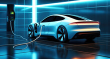 Electric Car Charging, Futuristic Electric Car Is Connected To The EV Charging Station In The Underground Parking.