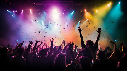 Cheering concert crowd with colorful stage light and confetti, silhouette of Large group of people audience at live music festival