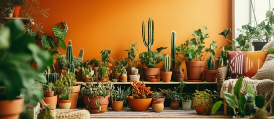 Sticker - Boho living room with monstera, cactus, and succulent plants creating a tropical, desert feel in a home garden hobby.