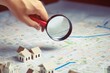 Man holding magnifier on cadastre map search for assesses to buy the land lands. real estate concept with vacant land for building construction and housing subdivision for sale, rent, Generative AI