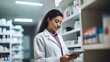 © yj - a female pharmacist using a tablet in a pharmacy. Inventory and quality control. generative AI
