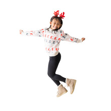 Cheerful Young Asian Girl Wearing A Christmas Sweater With Reindeer Horns, Happy Smiling Dance Jumping Have Fun Full Body Portrait, Isolated On White And Transparent Background