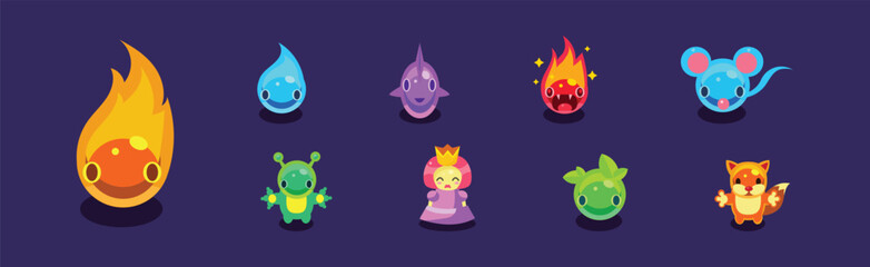 Poster - Flat Assets for Mobile Game with Funny Creatures Vector Set