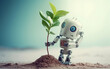 Cute robot planting a tree. The concept of protecting the environment with the help of technology. The eco-friendly concept for international environmental day.