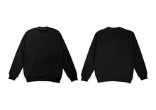 Blank Sweatshirt Color Black Template Front And Back View On White Background. Crew Neck Mock Up