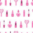 Seamless pattern with pink glamorous beauty accessories. Repeating elements perfume lipstick mirror mascara nail polish.