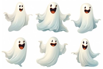 Wall Mural - Funny white Halloween ghosts clip art isolated on white background Generative AI