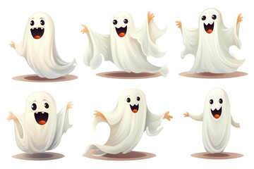 Wall Mural - Funny white Halloween ghosts clip art isolated on white background Generative AI