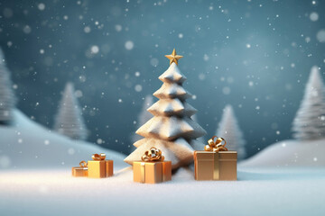 Christmas tree and gold gift boxes while snowing cute 3D illustration, Christmas background.