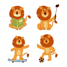 Lion . Set Of Cute Cartoon Characters . Hand Drawn Style . White Isolate Background . Vector .