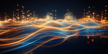 Abstract Background With Gold And Blue Glowing Neon Moving High Speed Line And Wave And Bokeh Lights Horizontal To Vertical. Data Transfer Concept, Reflect On The Floor.