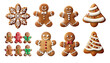 set of gingerbread cookies with the shape of a man, a snowflake and a Christmas tree with white icing on transparent. Christmas gingerbread