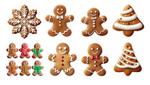 Set Of Gingerbread Cookies With The Shape Of A Man, A Snowflake And A Christmas Tree With White Icing On Transparent. Christmas Gingerbread