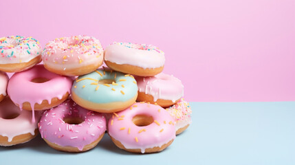 Delicious donuts on light pastel pink background.