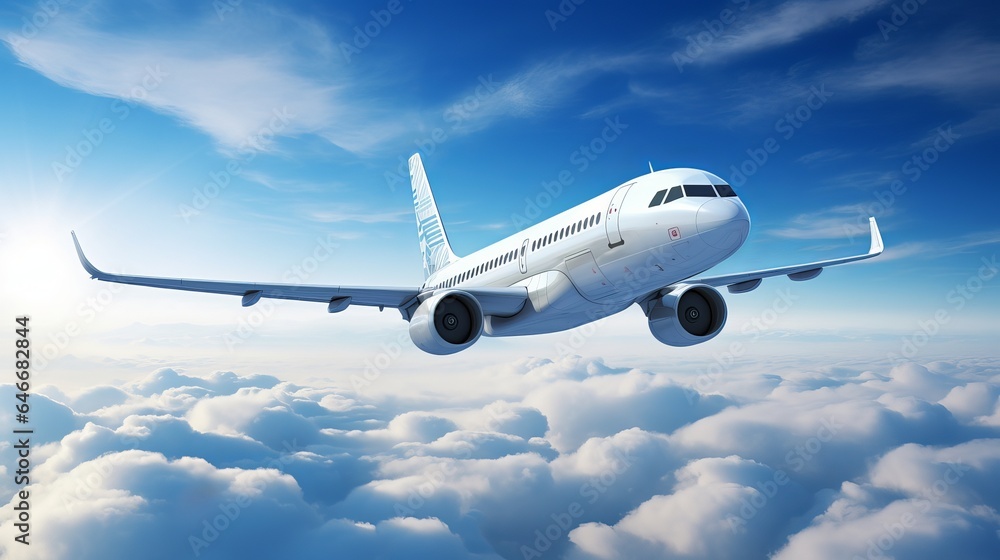 A white passenger plane takes off in the sky, with stunning clouds in ...