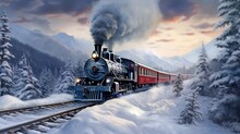 The Winter Snow Travel Scene With A Steam Train Ride.