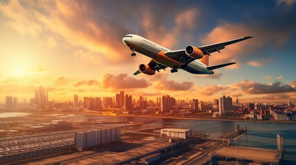 Wall Mural - a cargo plane takes off over the ocean to pick up shipping containers. it's a way to manage logistic