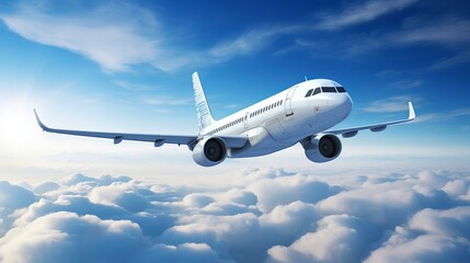 a white passenger plane takes off in the sky, with stunning clouds in the background.