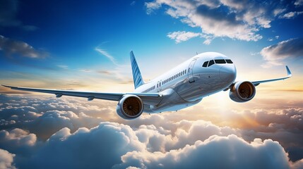 Wall Mural - a white passenger plane takes off in the sky, with stunning clouds in the background.