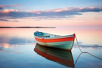 Canvas Print - On the lake boat at sunset.