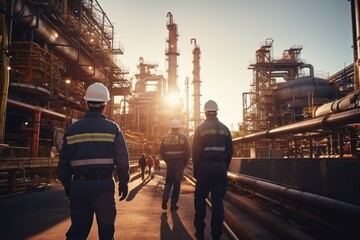 A team of engineers walks to work at an oil industrial factory refinery with morning light