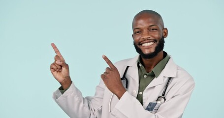 Poster - Happy black man, doctor and pointing in marketing or advertising against a studio background. Portrait of African male person, medical or healthcare professional show notification on mockup space