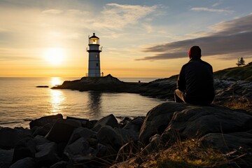 Wall Mural - Silhouette of a man sitting and looking at the lighthouse.