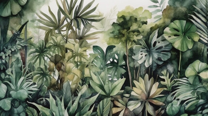  Tropical jungle background. Watercolor painting. Nature illustration. generative ai