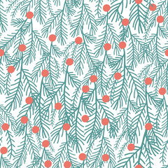 christmas seamless pattern on a white background. green pine twigs, red berries. vector illustration