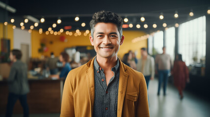 Adult asian man smiling in cafe indoors.