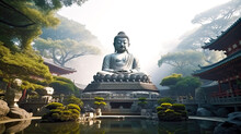 Buddhist Temple In Nature With Big Budha Statue And Lake. Postproducted Generative AI Illustration.
