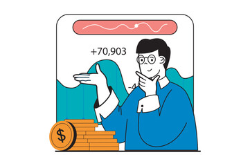 Aufkleber - Stock trading concept with people scene in flat web design. Man monitoring financial data chart at balance account and earning money. Vector illustration for social media banner, marketing material.