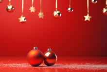The Wallpaper Of The Christmas Festival In Winter Season Consists Of Gold, Red, And Silver Christmas Ball And Star Ornament Hung On Red Background. Generative AI.