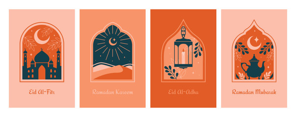 Set of islamic oriental templates of banners. Greeting cards with cute illustrations with mosque dome, crescent, star, lantern, teapot, plants, leaves, landscape, candle. Vector badges in boho style.