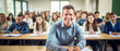 © LomaPari2021 - portrait a man in a university high school with blurred group of students studying in the classroom.generative ai